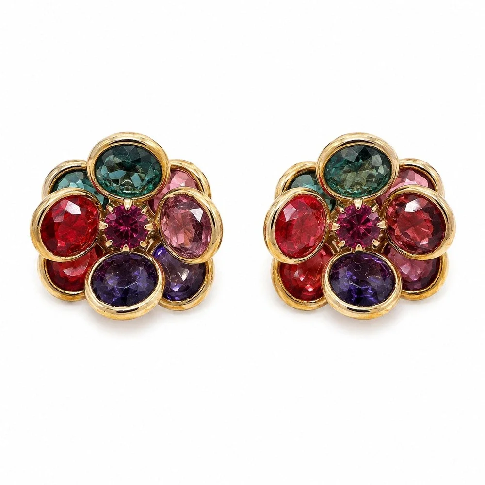 Vintage 1980s Multicolor Rhinestone Flower Clip-On Earrings Gold Tone Statement